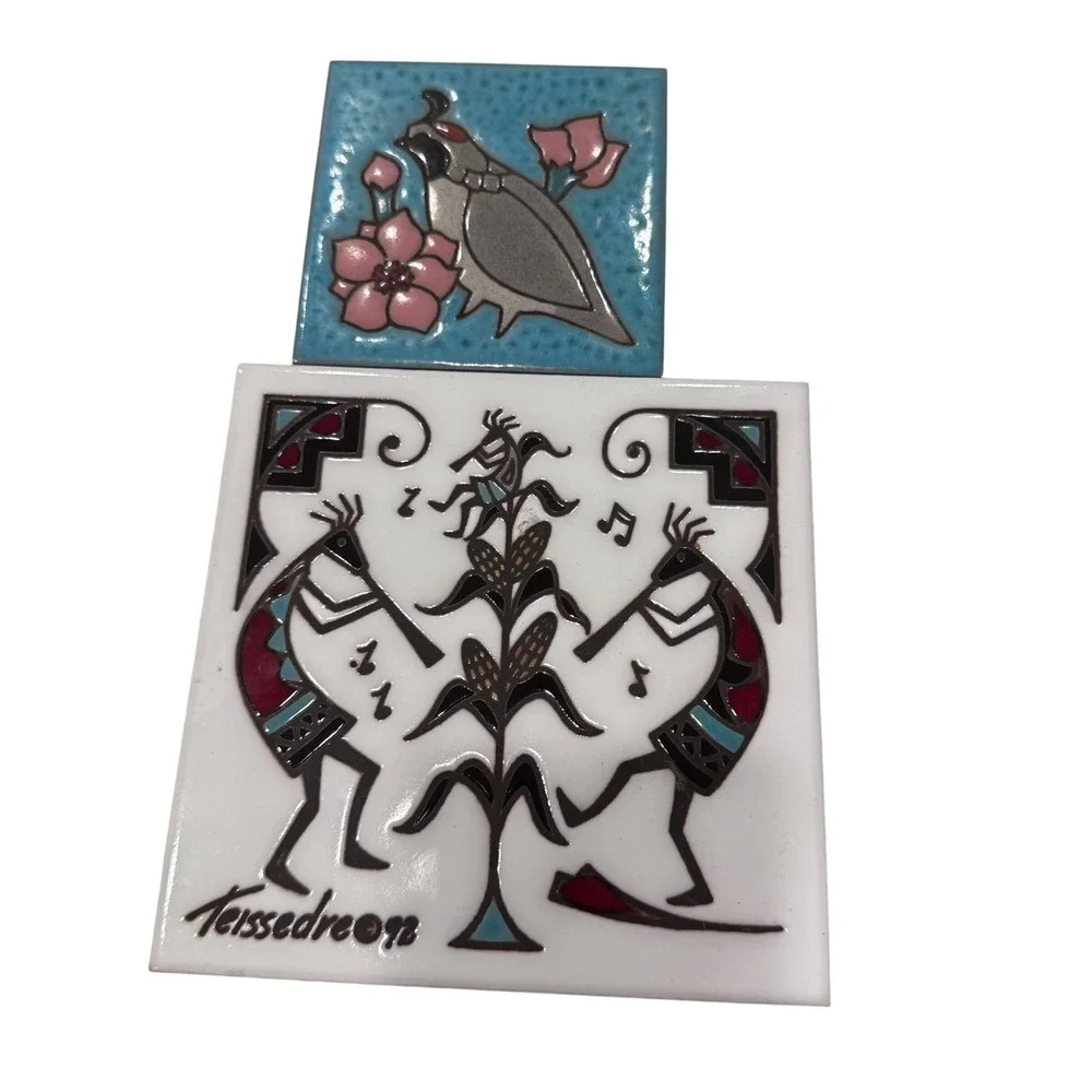 2 Teissedre Designs Kokopelli & Quail Tile Trivet Handcrafted 4x4 6x6 Vintage